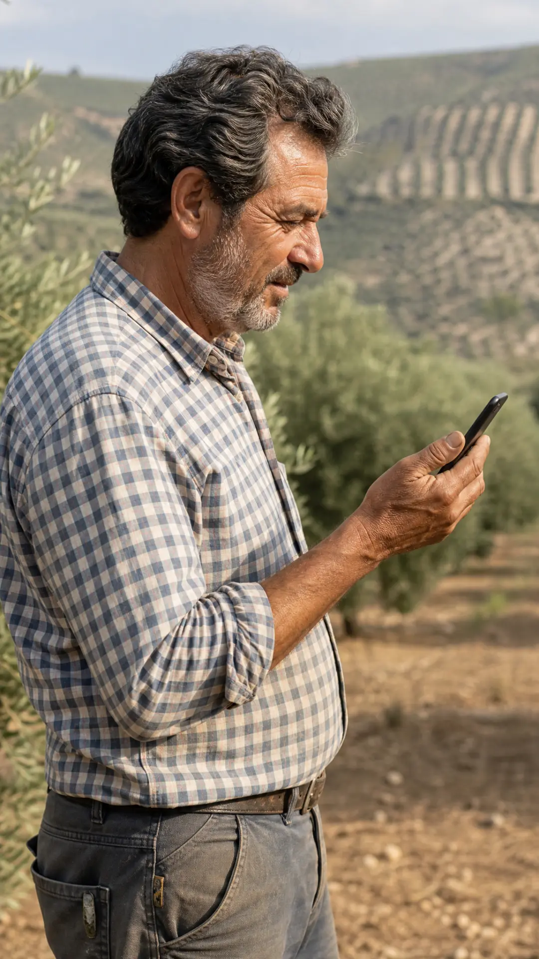 Agricultor consultando el estado del riego en su móvil en el olivar