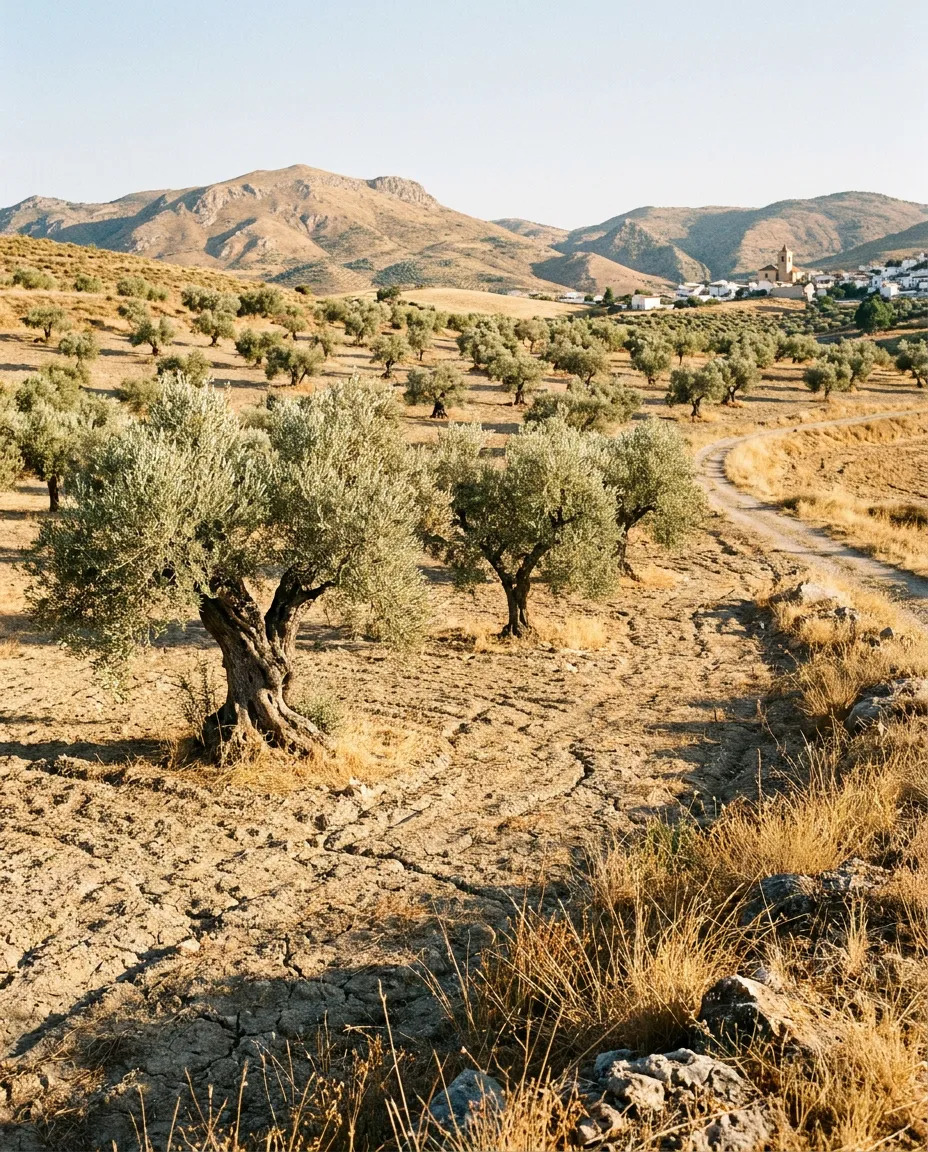 Olivares en un paisaje árido de Jaén con montañas al fondo