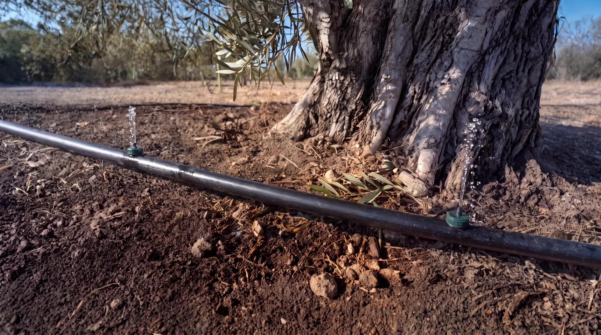 Tubería de riego por goteo con dos goteros activos al pie de un olivo